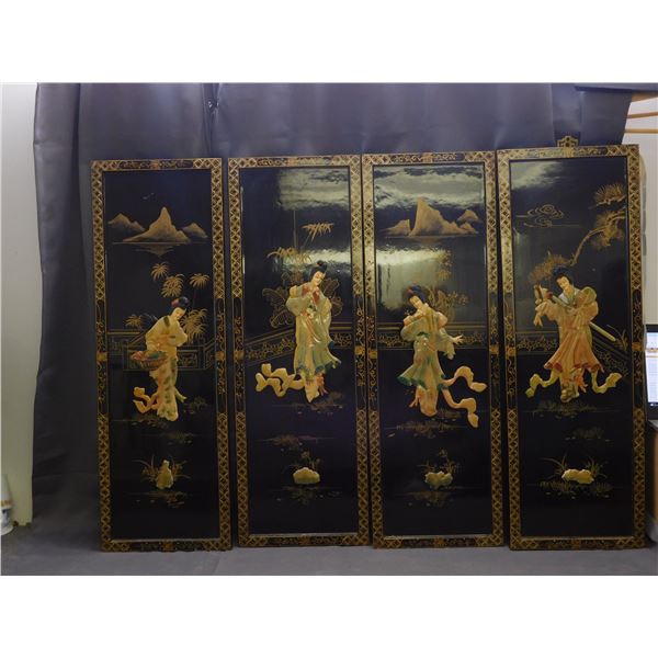 4 Black Asian Ornamental Wall Art Panels on Wood Board