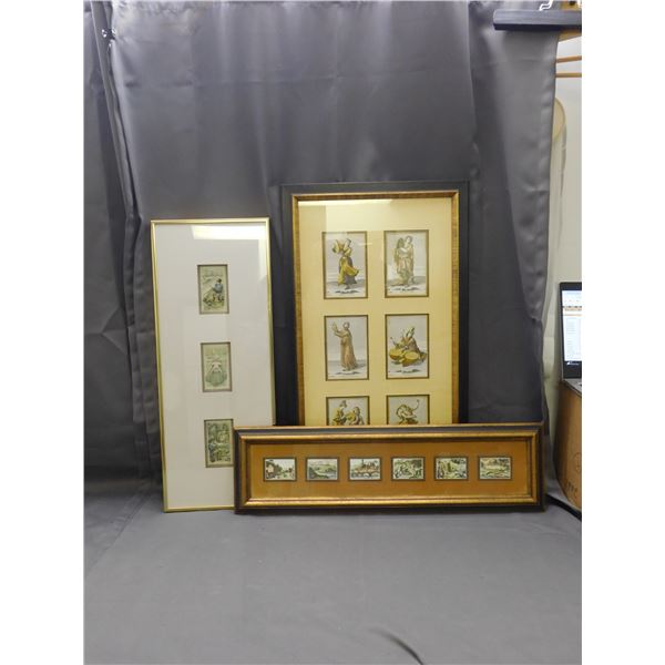 Lot of 3 Framed Art Prints Long Rectangular Paper Craft, Etchings