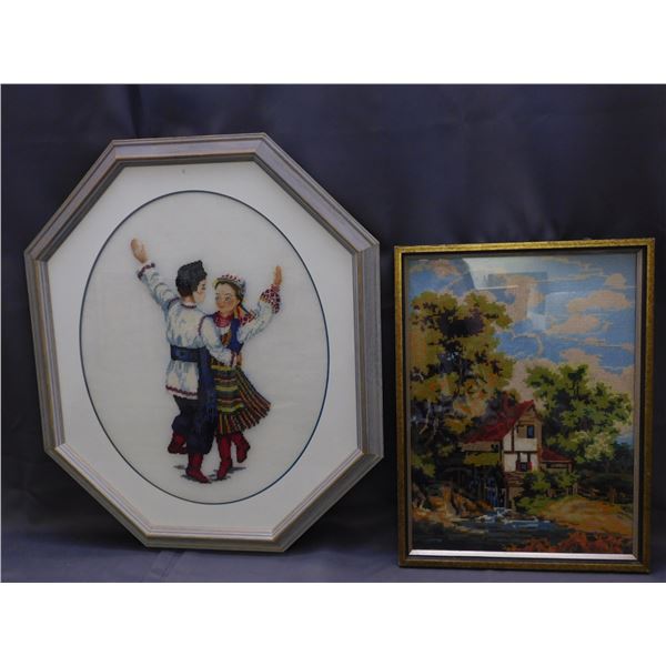 Lot of 2 Cross-Stitch Eastern European Dancers, House Wall Art
