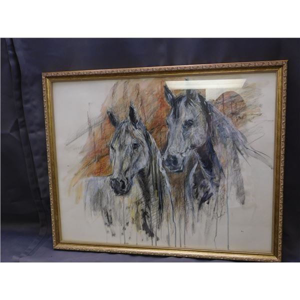 Framed Original Mixed Media Painting of Horses Signed