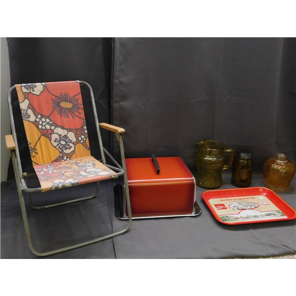 Lot of 6pcs MCM Kitchen Household Covered Metal Tray, Coke Co-Op Tin, Amber Glassware, Shade