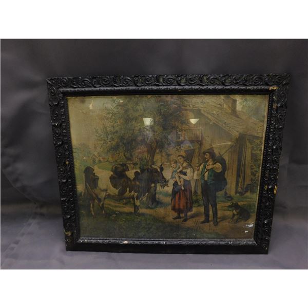 Framed Antique Art Print 23" x 19" Black Wooden Ornate Frame