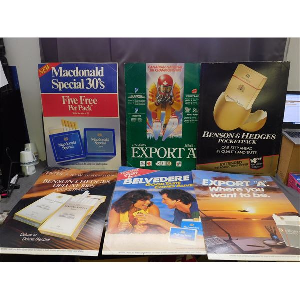 Lot of 6 Vintage Cardboard 2-Sided Signs for Cigarettes, Ski Championships Export, MacDonalds, Benso