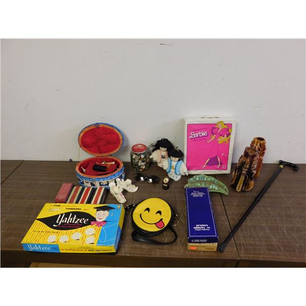 END OF THE RUN Assorted Candles, Barbie Case, Sewing Basket, Buttons, Yahtzee, etc