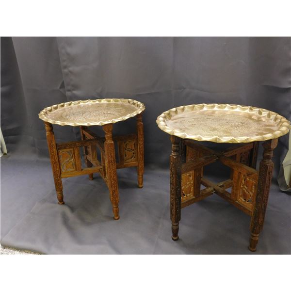 Pair of Folding Wooden Tables with Brass Trays 15"