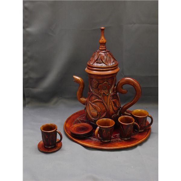 Carved Wooden Tea Pot with 4 Cups and Saucers Demitasse