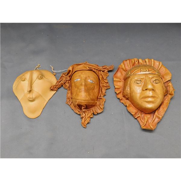 Lot of 3 Pottery & Leather Folk Wall Masks Small, 6", 7", 9"