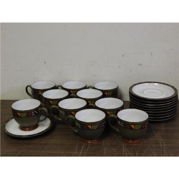 Denby England Stoneware Cups and Saucers Set of 10 Aztec Pattern