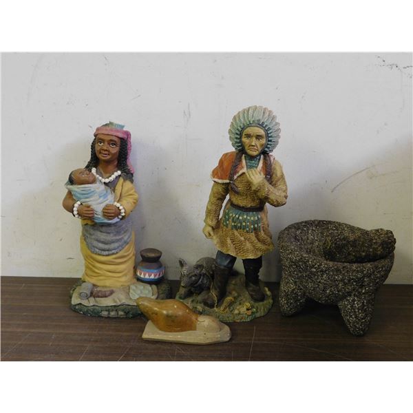 Lot of 4 Mortar and Pestle, Stone Beaver Figurine, 2 Indigenous Figurines