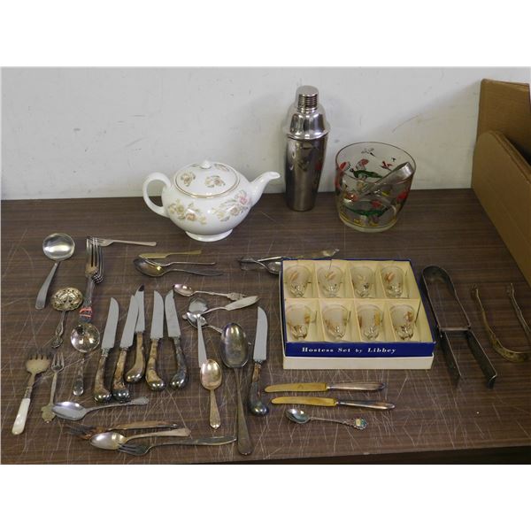 Lot of Vintage Bar / Serving Cocktail Shaker, Glass Pheasant Ice Bucket, Silverplate Cutlery, Tea