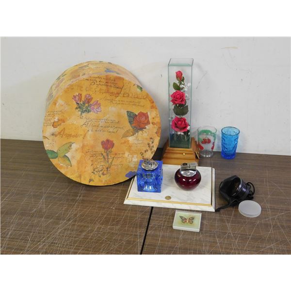 Lot of Vintage Household Table Lighters, Juice Glasses, Marble Desktop Slab, Camera Lens, Hat Box