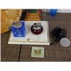Image 2 : Lot of Vintage Household Table Lighters, Juice Glasses, Marble Desktop Slab, Camera Lens, Hat Box