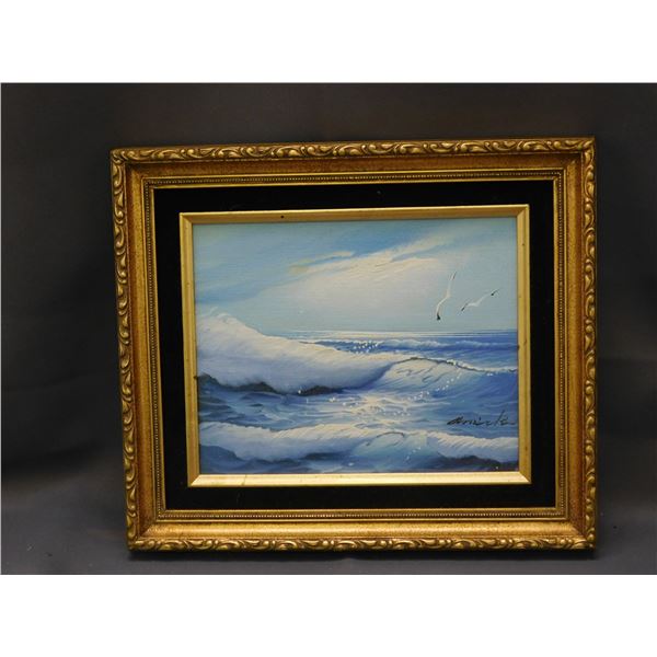 Artist Signed Original Painting of the Ocean w Seagulls, Framed