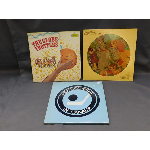 Lot of 3 The Globe Trotters, Walt Disney Lady & The Tramp and Hockey Night in Canada Vinyl Records
