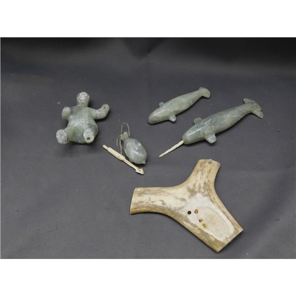 Signed and Dated Inuit Artist Soapstone Indigenous Sculptures Narwhals, Figure, Bone Base, Accessory