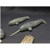 Image 2 : Signed and Dated Inuit Artist Soapstone Indigenous Sculptures Narwhals, Figure, Bone Base, Accessory