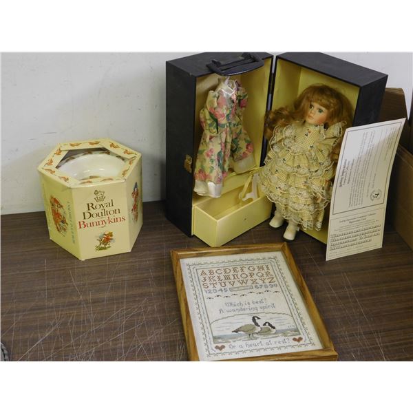 Lasting Impressions Doll in Case w Outfit, Cross-Stitch Wall Art & Bunnykins Baby Plate Mug Set