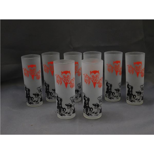 Set of 8 1950s Federal Highball Black Americana Devil Sin MCM Frosted Glass Bar Glasses