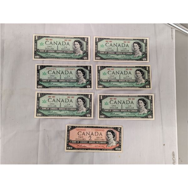 Lot of 1 1954 $2 Bill 6-1967 $1 Bill with and without serial