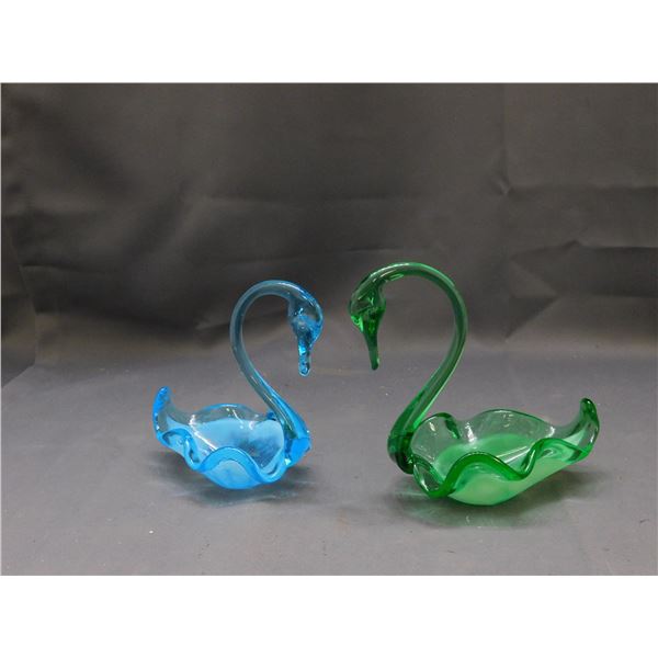 Lot of 2 Art Glass Blown Glass Swans Trinket Dishes Green and Blue