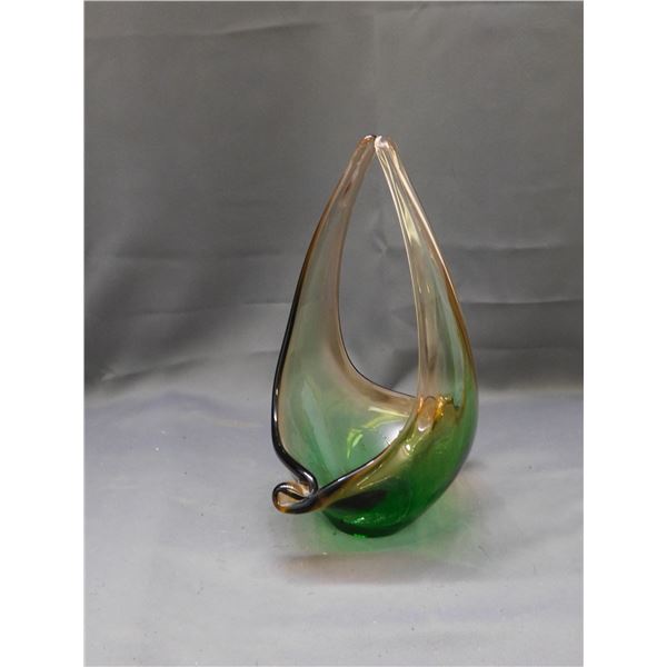 Vintage MCM Art Glass Blown Glass Centerpiece Basket Green and Red Two-Tone