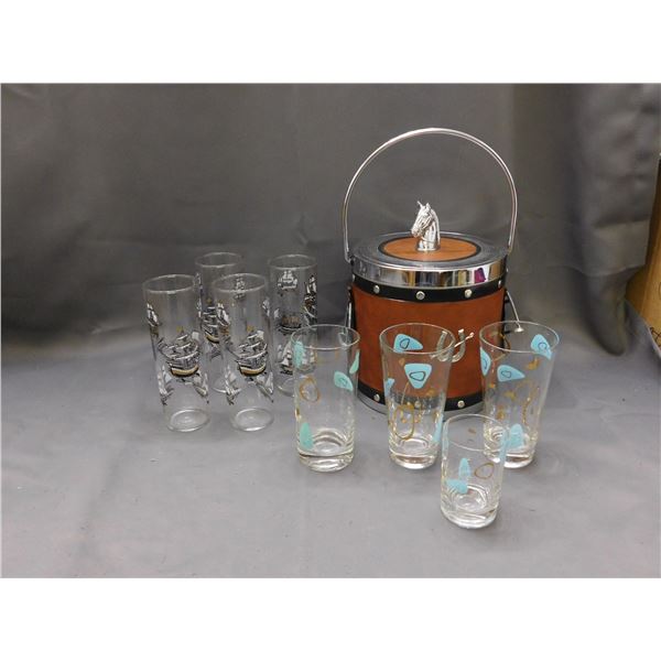 Vintage Horse Ice Bucket with 4 MCM Boomerang Glasses & Pirate Ship Glasses