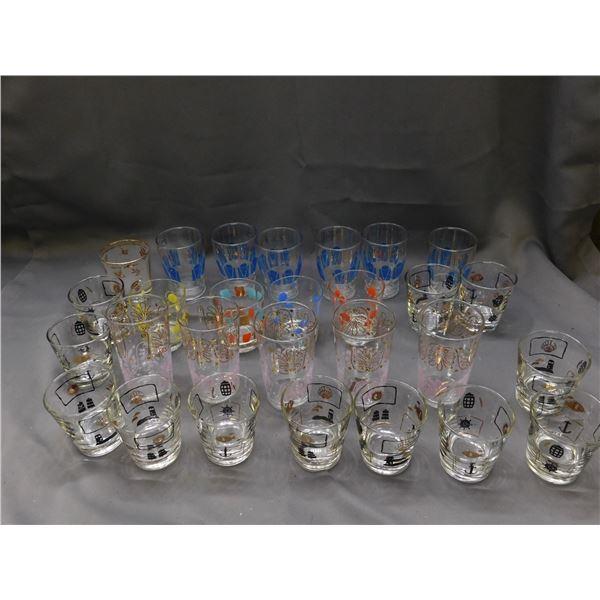 Lot of 28 Vintage Bar Glasses (Dominion, Nautical, MCM, Polka Dots, Hollywood Regency, Highball etc