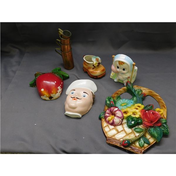 Lot of 6 Vintage Kitchen Chalkware Wall Decorations, Copper Measuring Cups, Ceramic Pocket Planter