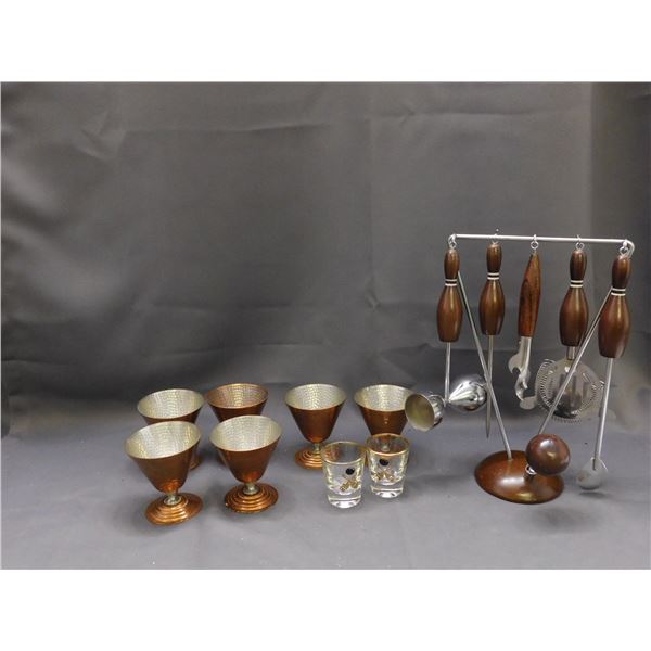 Vintage Bowling Bar Ware Set Openers, Cocktail Items, Copper Cups, Shot Glasses