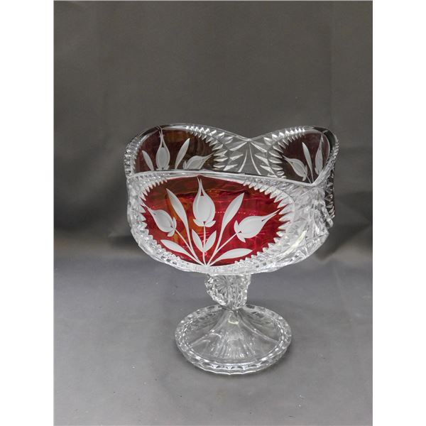 Vintage Crystal Ruby Glass Footed Candy Dish 9.5" tall
