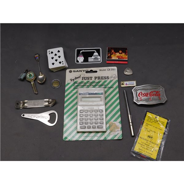 Junk Drawer Lot Mini Deck of Cards, Calculator, Matchbox, Coca Cola Belt Buckle, Bottle Openers