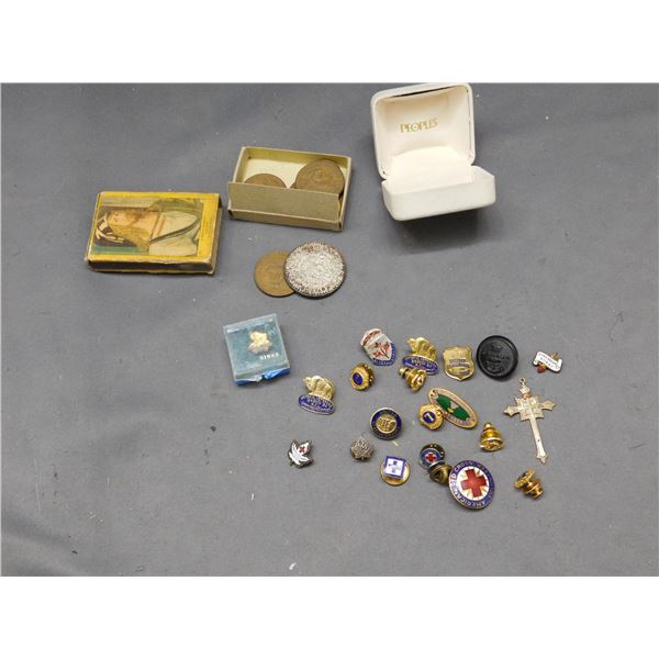 Lot of Old Mostly Mexican Coins, Pins Frat & Service, Military, Religious, etc