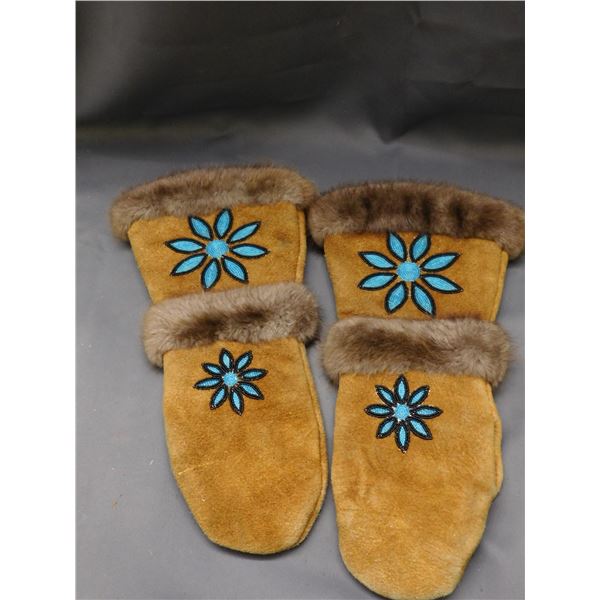 Pair of Indigenous Leather & Fur Beaded Mittens Gauntlets