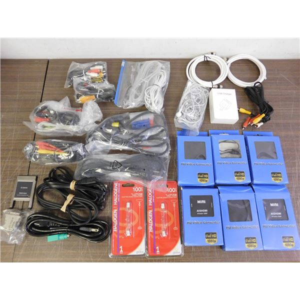 Lot of Assorted Electronics, Cables, Halogen Bulbs, HD Converter, etc