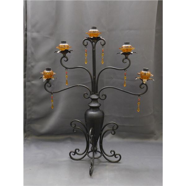 6 Slot Candelabra Centerpiece Decor Black Metal with Amber Detail, Pendants 27" tall