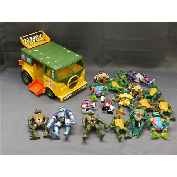 Lot of Mostly Vintage TMNT Teenage Mutant Ninja Turtles Action Figures & Turtle Van