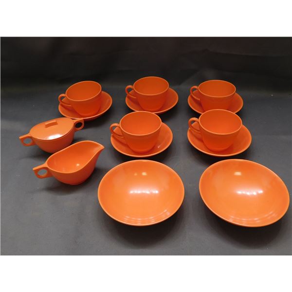 Lot of Vintage Orange Melmac Melamine Cups, Saucers, Bowls, Cream Sugar