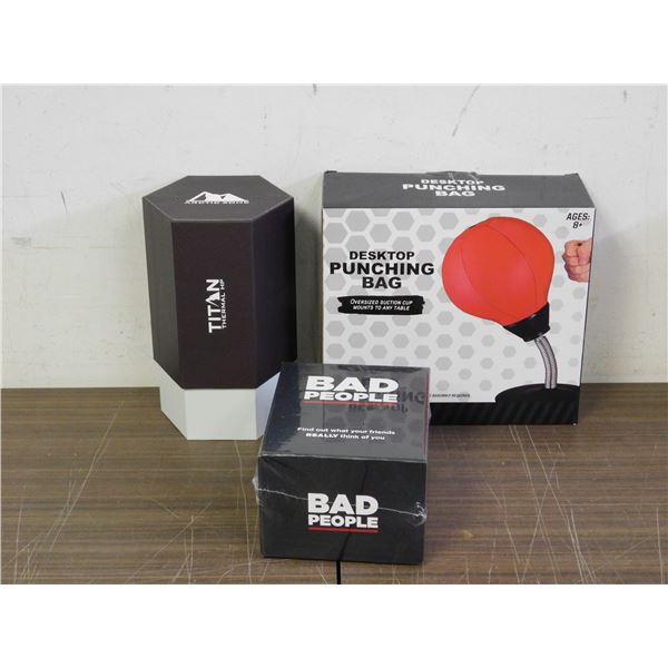 3pc Arctic Titan Travel Mug Thermos, Sealed Bad People Tabletop Party Game, Desktop Punching Bag