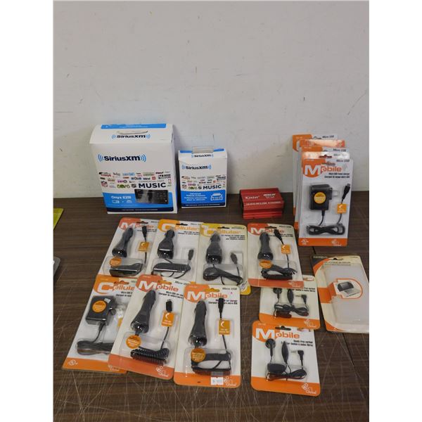 Lot of Assorted Car Charger Adaptors, Sirius XM Radio, Earbuds, Etc