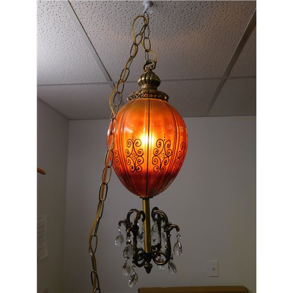 Vintage MCM Mid Century Swag Chain Lamp Orange, Brass with Painted Detail & Pendants