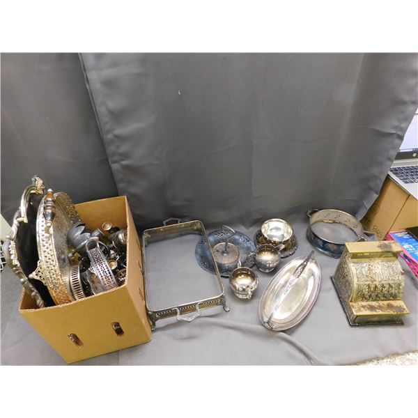 Lot of Silverplate Servingware, Ben Franklin Cash Register, Copper, Brass, Nickel, Etc