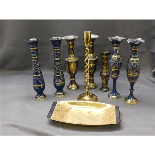 Lot of Indian Brass Vases, Etched Black and Navy Blue, Candlestick, Tray