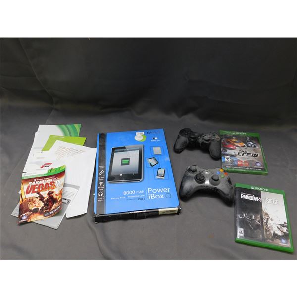 Lot of Misc Video Game Controllers, Xbox One Gams, IPad Case & Battery Pack