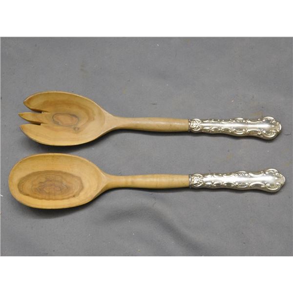 Birks Sterling Handle Wooden Salad Serving Set Made in France