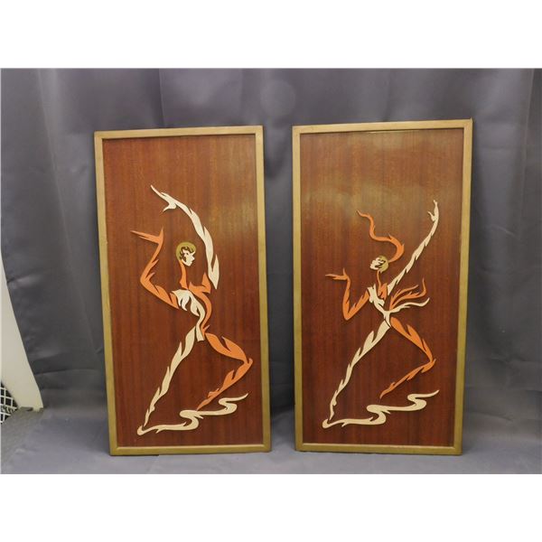 Pair of Wood Carved Wall Art Man and Woman Dancers