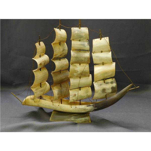 Carved Antler Animal Bone Horn Sailboat 13"