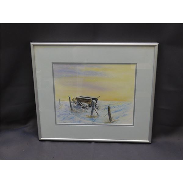 Original Framed Artist Signed Artwork, Watercolor & Pastel? Winter Scene Wagon in Snow