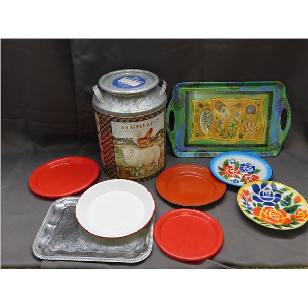 Metal Canister, Enamelware Plates, Plastic plates and Serving Tray