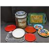 Image 1 : Metal Canister, Enamelware Plates, Plastic plates and Serving Tray