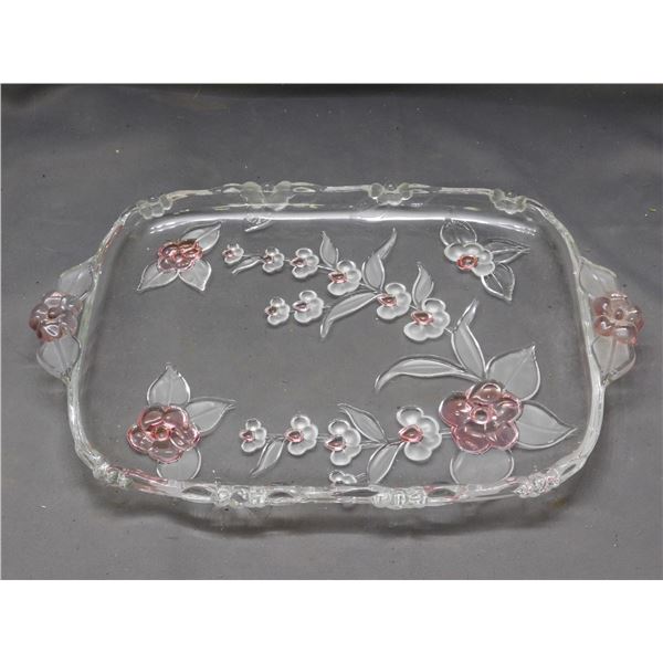 Mikasa Toska Crystal Cherry Blossom Serving Tray Pink and Frosted Crystal Glass